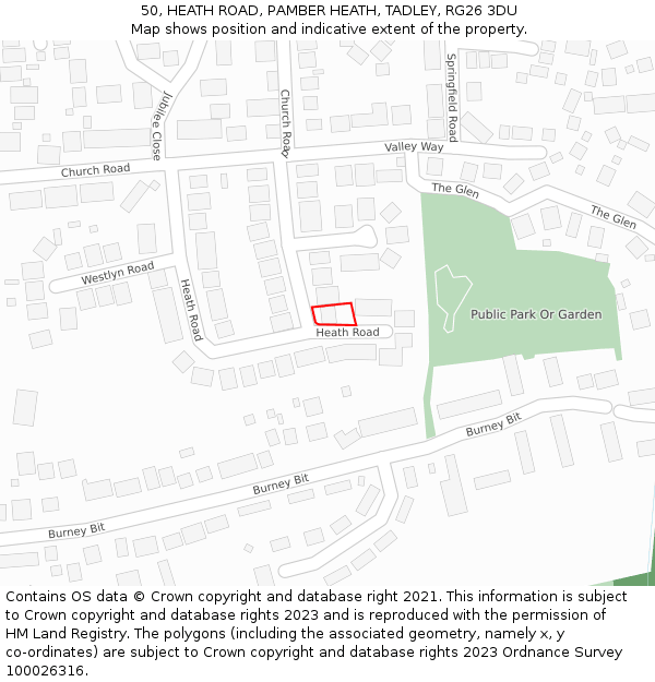50, HEATH ROAD, PAMBER HEATH, TADLEY, RG26 3DU: Location map and indicative extent of plot
