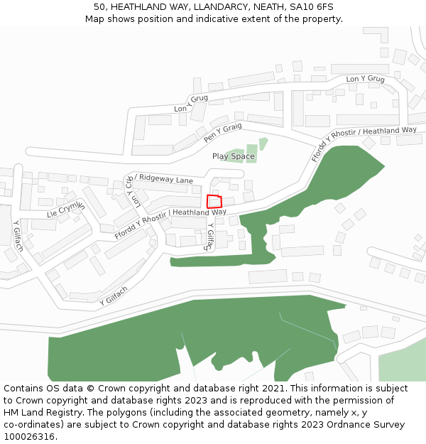 50, HEATHLAND WAY, LLANDARCY, NEATH, SA10 6FS: Location map and indicative extent of plot