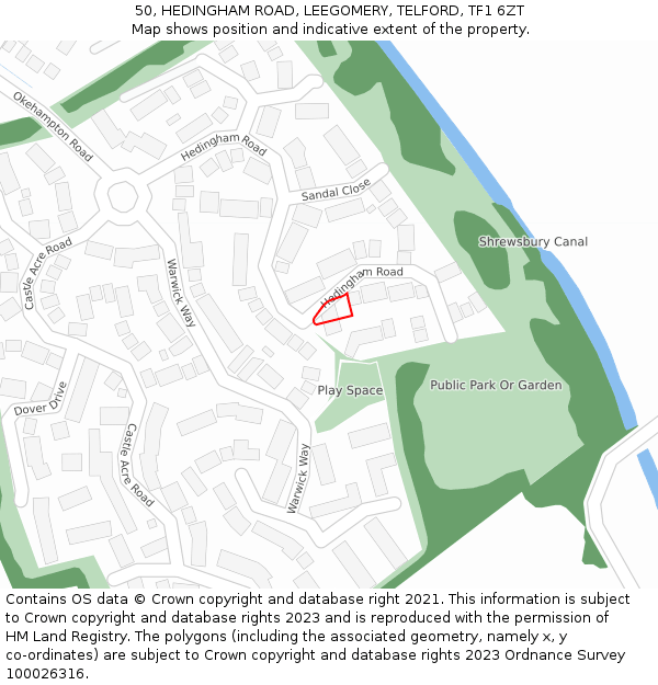 50, HEDINGHAM ROAD, LEEGOMERY, TELFORD, TF1 6ZT: Location map and indicative extent of plot