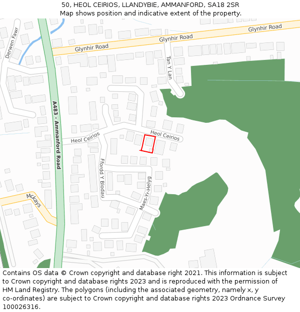 50, HEOL CEIRIOS, LLANDYBIE, AMMANFORD, SA18 2SR: Location map and indicative extent of plot