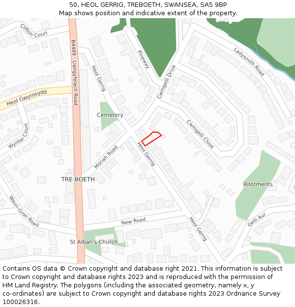 50, HEOL GERRIG, TREBOETH, SWANSEA, SA5 9BP: Location map and indicative extent of plot