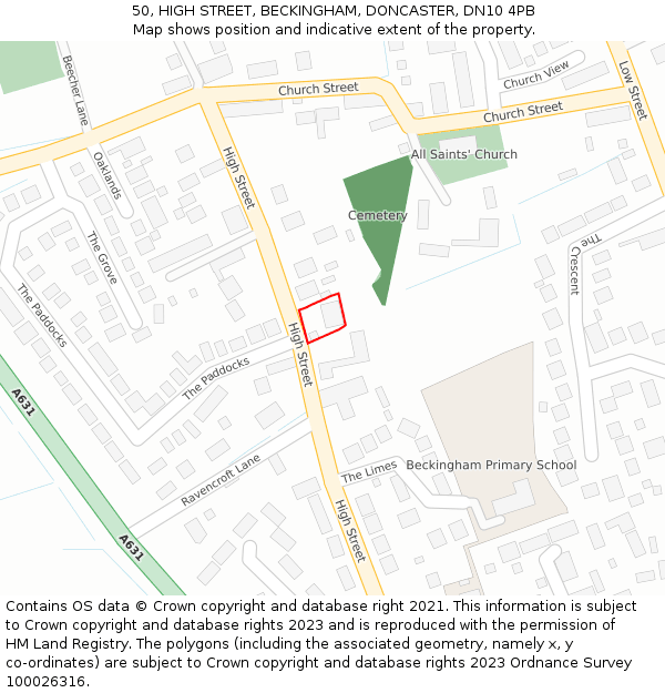 50, HIGH STREET, BECKINGHAM, DONCASTER, DN10 4PB: Location map and indicative extent of plot