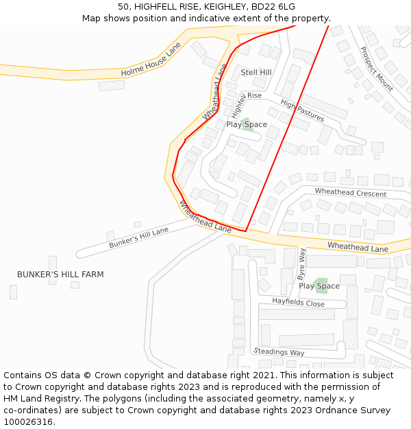 50, HIGHFELL RISE, KEIGHLEY, BD22 6LG: Location map and indicative extent of plot