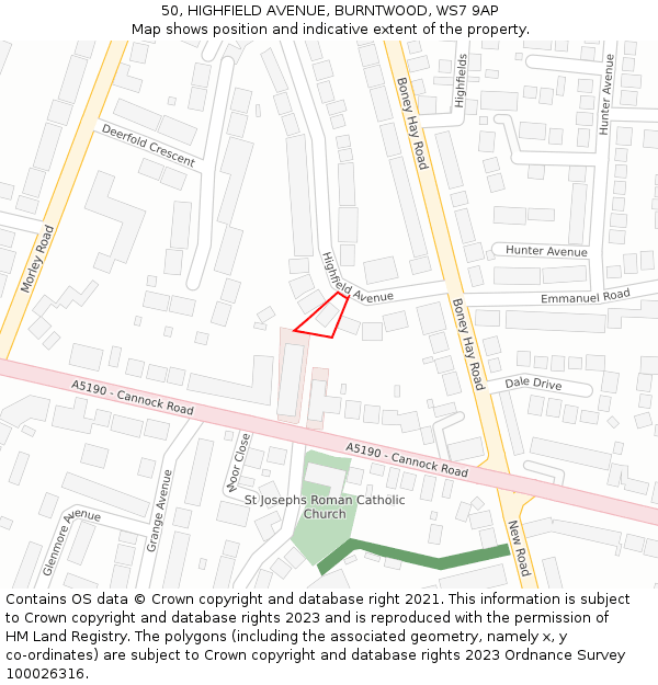 50, HIGHFIELD AVENUE, BURNTWOOD, WS7 9AP: Location map and indicative extent of plot