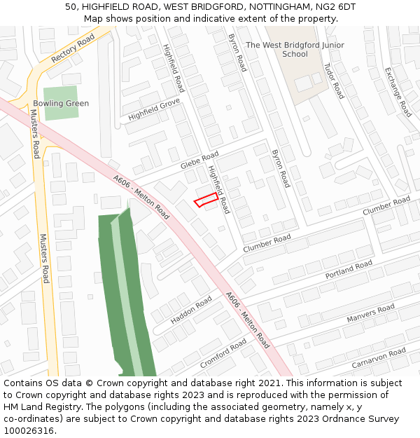 50, HIGHFIELD ROAD, WEST BRIDGFORD, NOTTINGHAM, NG2 6DT: Location map and indicative extent of plot