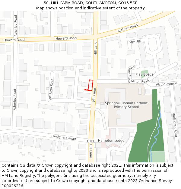 50, HILL FARM ROAD, SOUTHAMPTON, SO15 5SR: Location map and indicative extent of plot