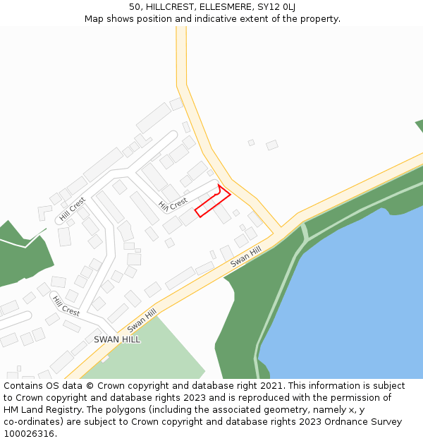 50, HILLCREST, ELLESMERE, SY12 0LJ: Location map and indicative extent of plot