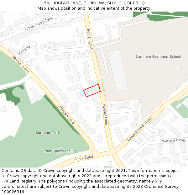 50, HOGFAIR LANE, BURNHAM, SLOUGH, SL1 7HQ: Location map and indicative extent of plot