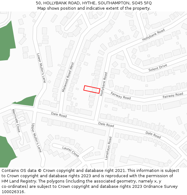 50, HOLLYBANK ROAD, HYTHE, SOUTHAMPTON, SO45 5FQ: Location map and indicative extent of plot