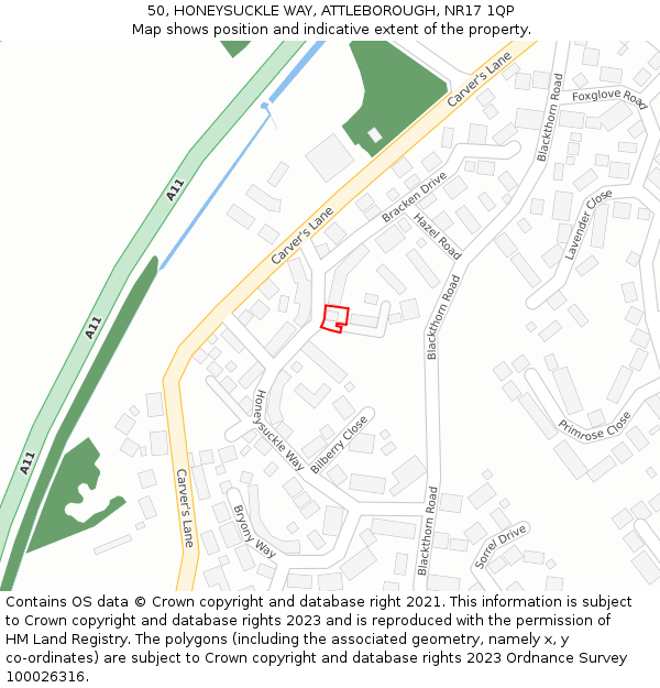 50, HONEYSUCKLE WAY, ATTLEBOROUGH, NR17 1QP: Location map and indicative extent of plot