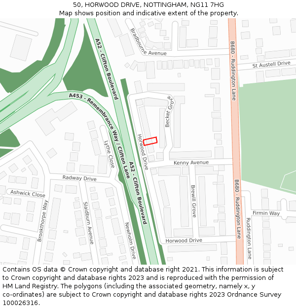 50, HORWOOD DRIVE, NOTTINGHAM, NG11 7HG: Location map and indicative extent of plot