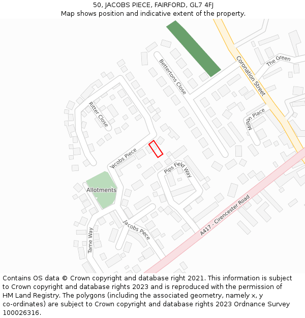 50, JACOBS PIECE, FAIRFORD, GL7 4FJ: Location map and indicative extent of plot