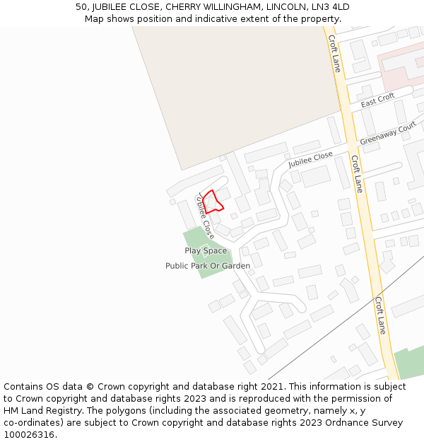 50, JUBILEE CLOSE, CHERRY WILLINGHAM, LINCOLN, LN3 4LD: Location map and indicative extent of plot