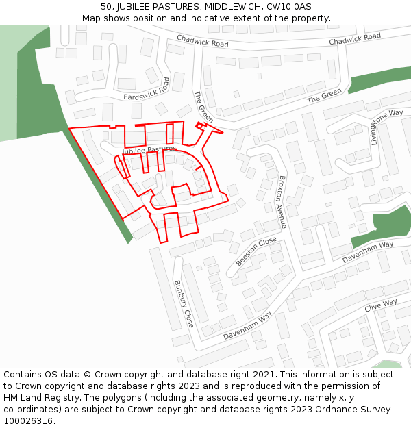 50, JUBILEE PASTURES, MIDDLEWICH, CW10 0AS: Location map and indicative extent of plot