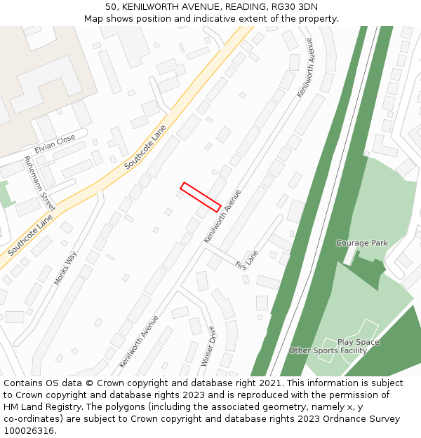 50, KENILWORTH AVENUE, READING, RG30 3DN: Location map and indicative extent of plot
