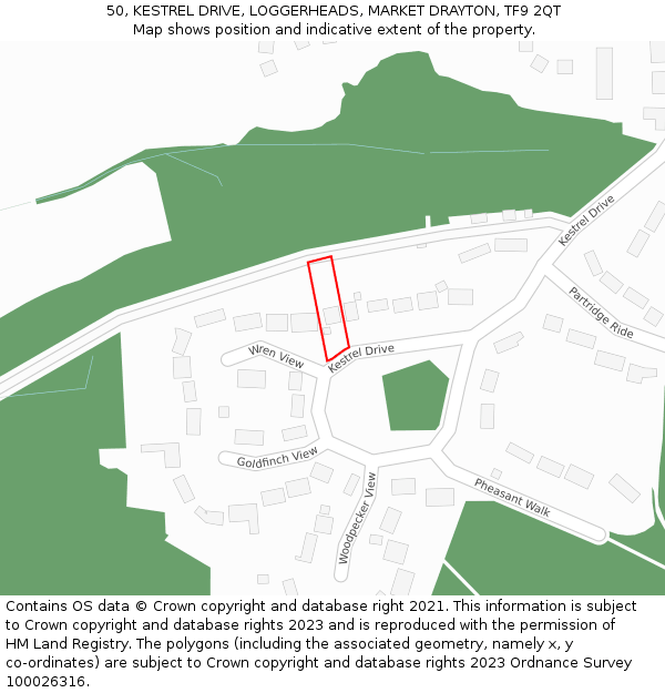 50, KESTREL DRIVE, LOGGERHEADS, MARKET DRAYTON, TF9 2QT: Location map and indicative extent of plot