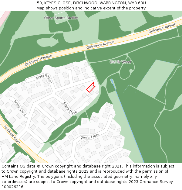 50, KEYES CLOSE, BIRCHWOOD, WARRINGTON, WA3 6RU: Location map and indicative extent of plot