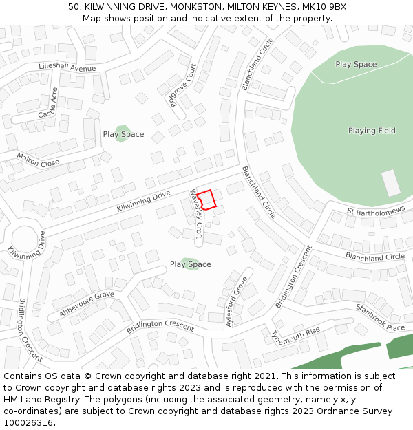 50, KILWINNING DRIVE, MONKSTON, MILTON KEYNES, MK10 9BX: Location map and indicative extent of plot