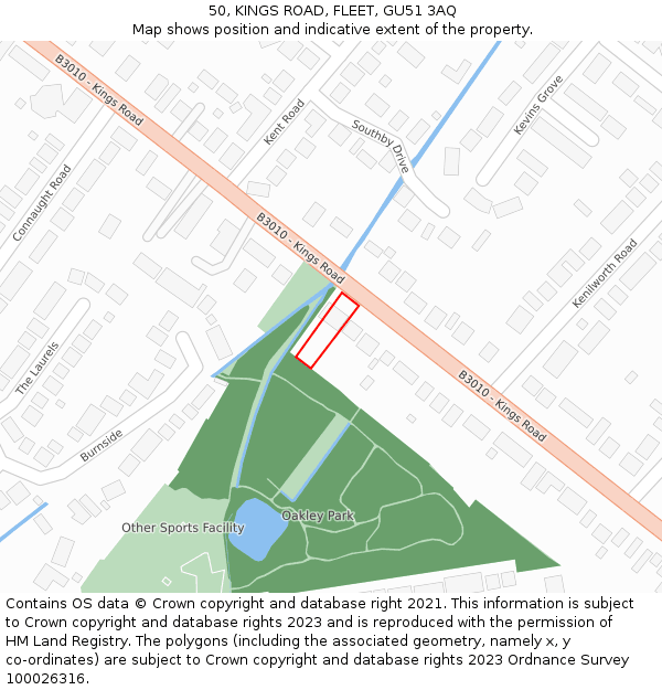 50, KINGS ROAD, FLEET, GU51 3AQ: Location map and indicative extent of plot