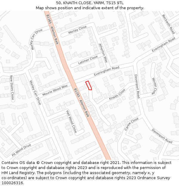 50, KNAITH CLOSE, YARM, TS15 9TL: Location map and indicative extent of plot