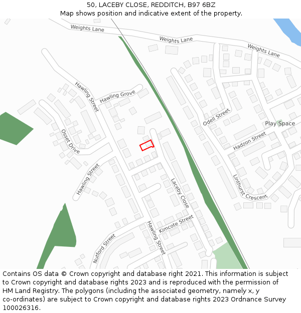 50, LACEBY CLOSE, REDDITCH, B97 6BZ: Location map and indicative extent of plot