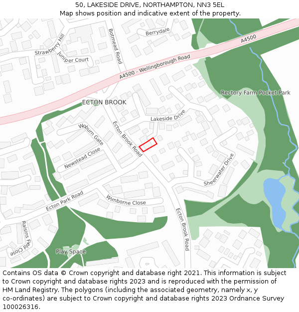 50, LAKESIDE DRIVE, NORTHAMPTON, NN3 5EL: Location map and indicative extent of plot