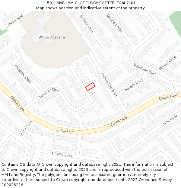 50, LANEHAM CLOSE, DONCASTER, DN4 7HU: Location map and indicative extent of plot