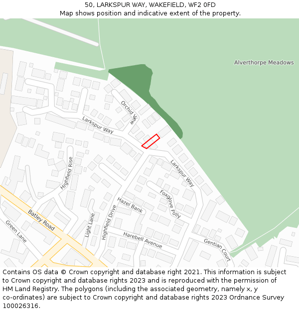 50, LARKSPUR WAY, WAKEFIELD, WF2 0FD: Location map and indicative extent of plot