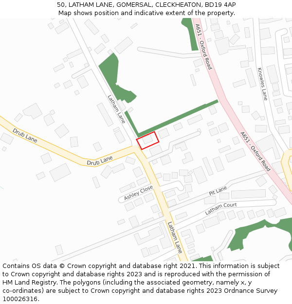 50, LATHAM LANE, GOMERSAL, CLECKHEATON, BD19 4AP: Location map and indicative extent of plot