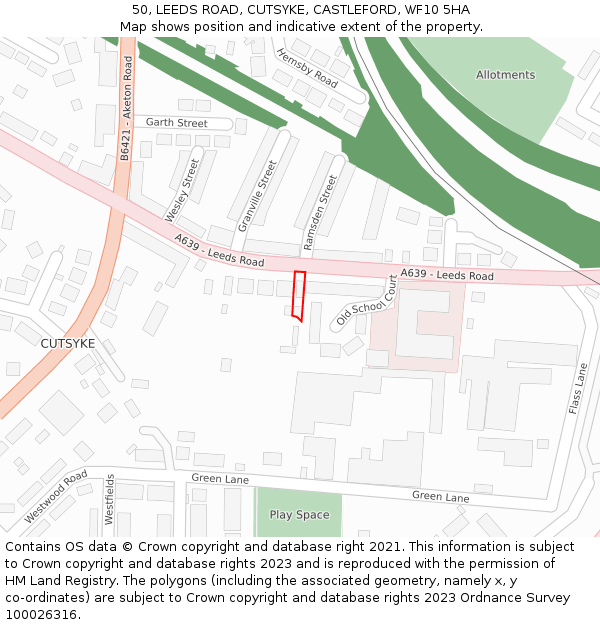 50, LEEDS ROAD, CUTSYKE, CASTLEFORD, WF10 5HA: Location map and indicative extent of plot