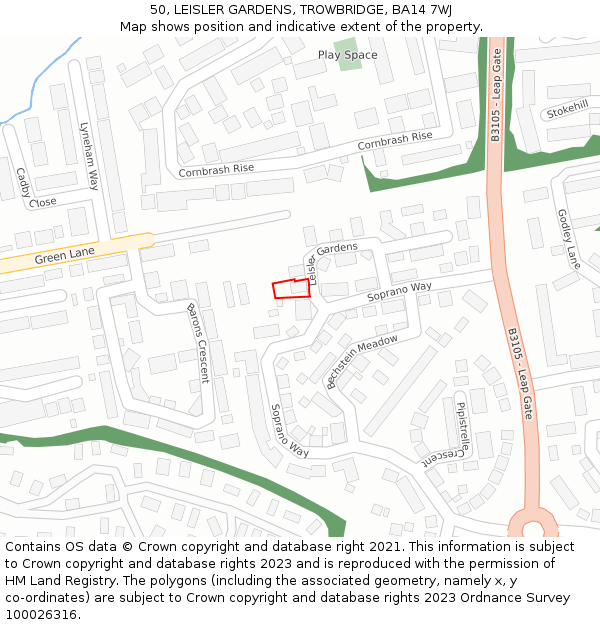 50, LEISLER GARDENS, TROWBRIDGE, BA14 7WJ: Location map and indicative extent of plot