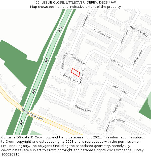 50, LESLIE CLOSE, LITTLEOVER, DERBY, DE23 4AW: Location map and indicative extent of plot