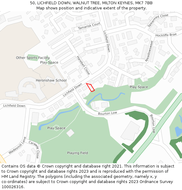 50, LICHFIELD DOWN, WALNUT TREE, MILTON KEYNES, MK7 7BB: Location map and indicative extent of plot