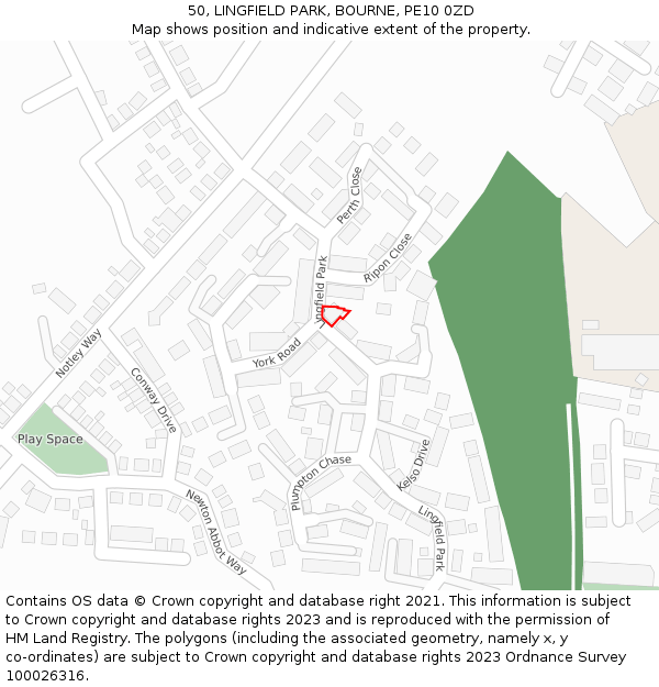 50, LINGFIELD PARK, BOURNE, PE10 0ZD: Location map and indicative extent of plot