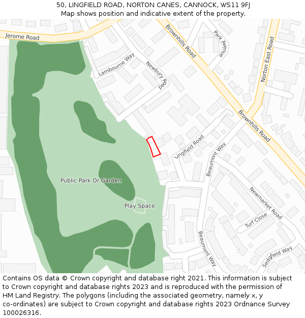 50, LINGFIELD ROAD, NORTON CANES, CANNOCK, WS11 9FJ: Location map and indicative extent of plot