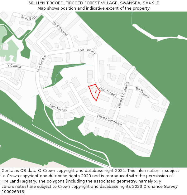 50, LLYN TIRCOED, TIRCOED FOREST VILLAGE, SWANSEA, SA4 9LB: Location map and indicative extent of plot