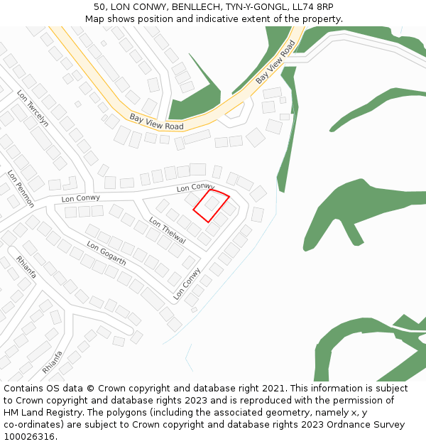 50, LON CONWY, BENLLECH, TYN-Y-GONGL, LL74 8RP: Location map and indicative extent of plot