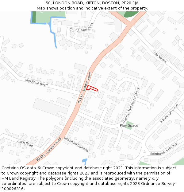 50, LONDON ROAD, KIRTON, BOSTON, PE20 1JA: Location map and indicative extent of plot