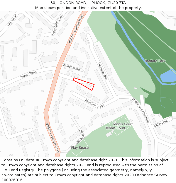 50, LONDON ROAD, LIPHOOK, GU30 7TA: Location map and indicative extent of plot