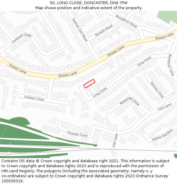 50, LONG CLOSE, DONCASTER, DN4 7PW: Location map and indicative extent of plot