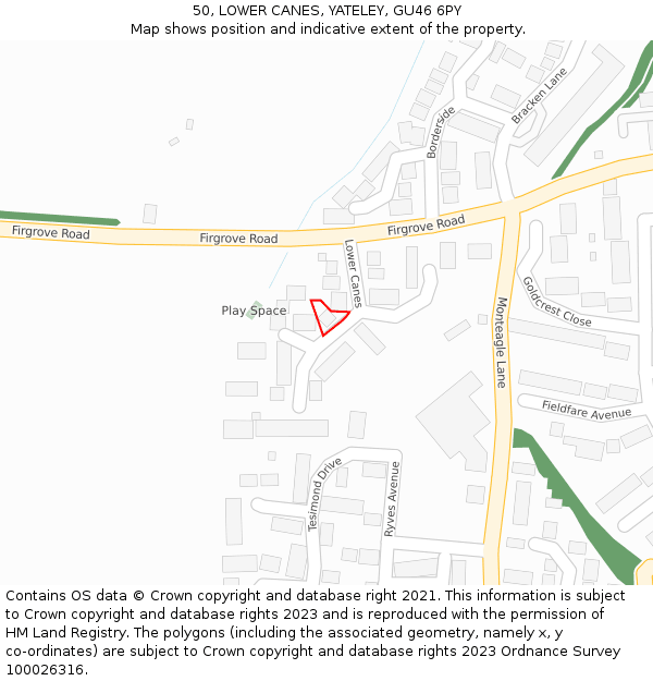 50, LOWER CANES, YATELEY, GU46 6PY: Location map and indicative extent of plot