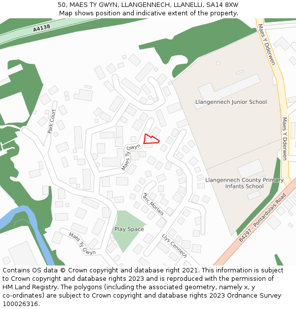 50, MAES TY GWYN, LLANGENNECH, LLANELLI, SA14 8XW: Location map and indicative extent of plot