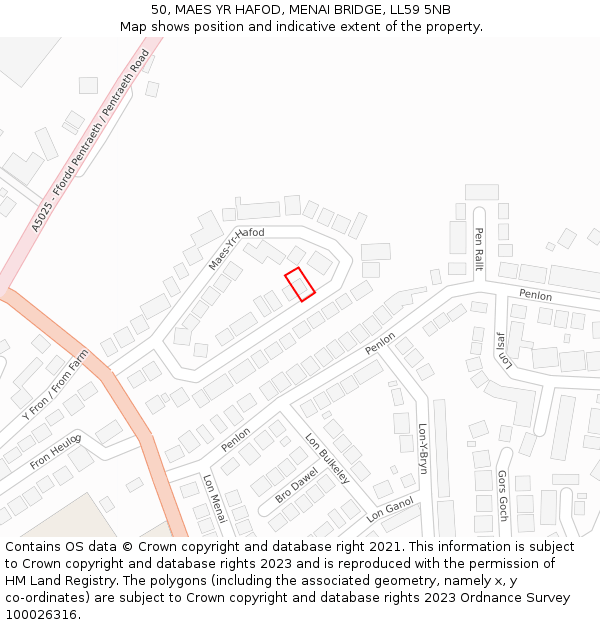 50, MAES YR HAFOD, MENAI BRIDGE, LL59 5NB: Location map and indicative extent of plot