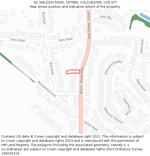 50, MALDON ROAD, TIPTREE, COLCHESTER, CO5 0TT: Location map and indicative extent of plot