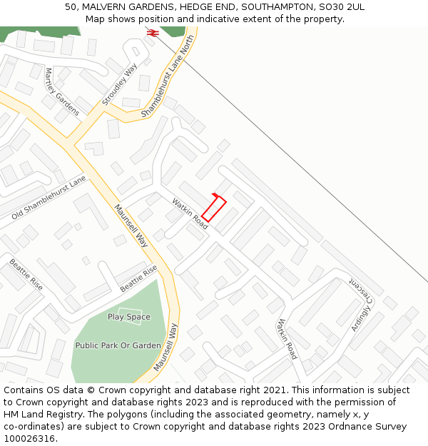 50, MALVERN GARDENS, HEDGE END, SOUTHAMPTON, SO30 2UL: Location map and indicative extent of plot