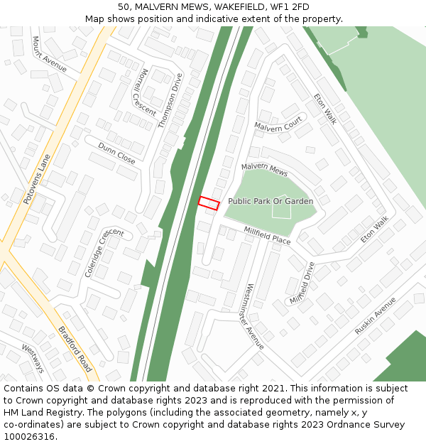 50, MALVERN MEWS, WAKEFIELD, WF1 2FD: Location map and indicative extent of plot