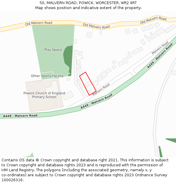 50, MALVERN ROAD, POWICK, WORCESTER, WR2 4RT: Location map and indicative extent of plot