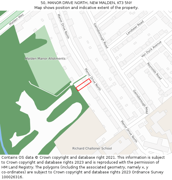 50, MANOR DRIVE NORTH, NEW MALDEN, KT3 5NY: Location map and indicative extent of plot