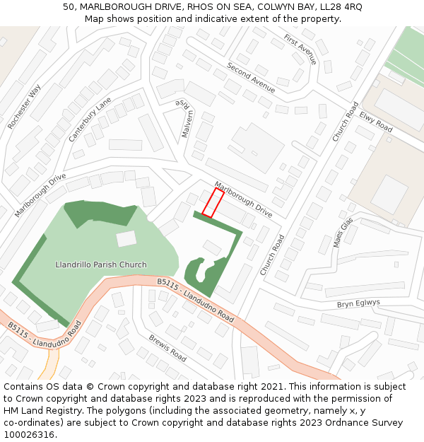 50, MARLBOROUGH DRIVE, RHOS ON SEA, COLWYN BAY, LL28 4RQ: Location map and indicative extent of plot