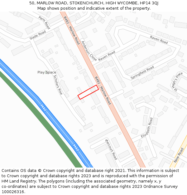 50, MARLOW ROAD, STOKENCHURCH, HIGH WYCOMBE, HP14 3QJ: Location map and indicative extent of plot